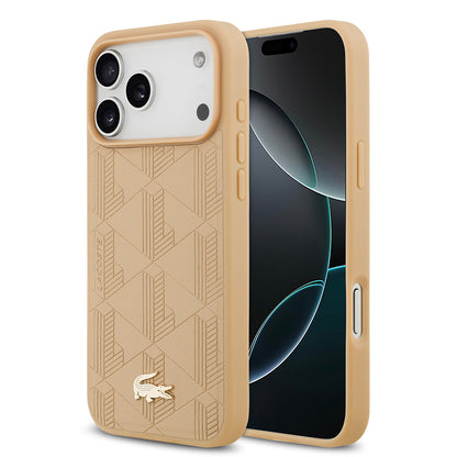 Apple iPhone 17 Pro Max Kılıf Lacoste Orjinal Lisanslı M-safe Şarj Özellikli PU Deri Tasarımlı Karışık Monogram Desenli Kapak