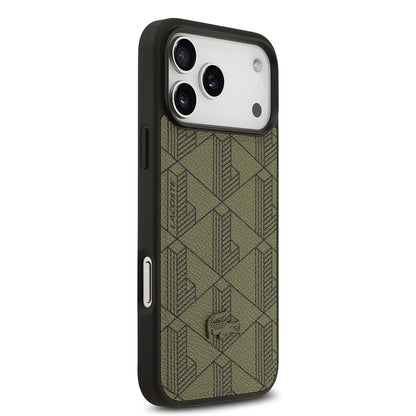 Apple iPhone 17 Pro Max Kılıf Lacoste Orjinal Lisanslı M-safe Şarj Özellikli PU Deri Tasarımlı Kartlıklı Karışık Monogram Desenli Kapak
