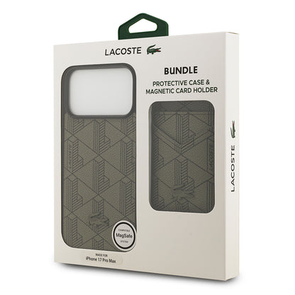 Apple iPhone 17 Pro Max Kılıf Lacoste Orjinal Lisanslı M-safe Şarj Özellikli PU Deri Tasarımlı Kartlıklı Karışık Monogram Desenli Kapak