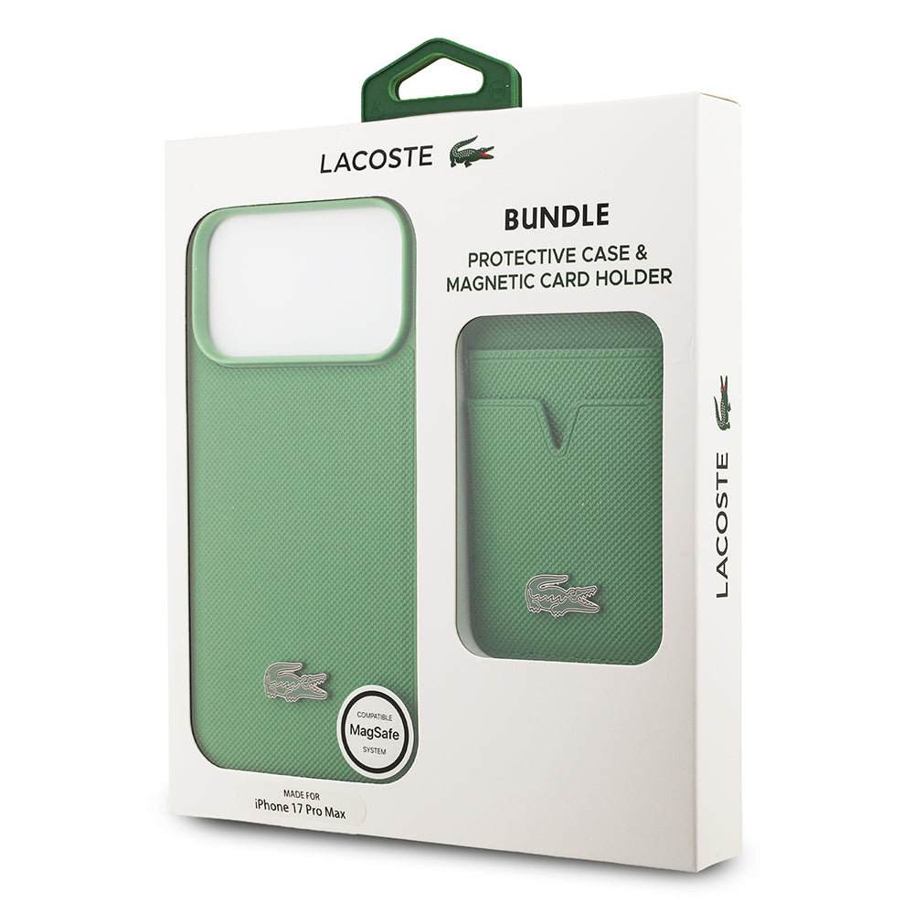 Apple iPhone 17 Pro Max Kılıf Lacoste Orjinal Lisanslı M-safe Şarj Özellikli PU Pike Desenli Metal Logolu Kartlıklı Kapak