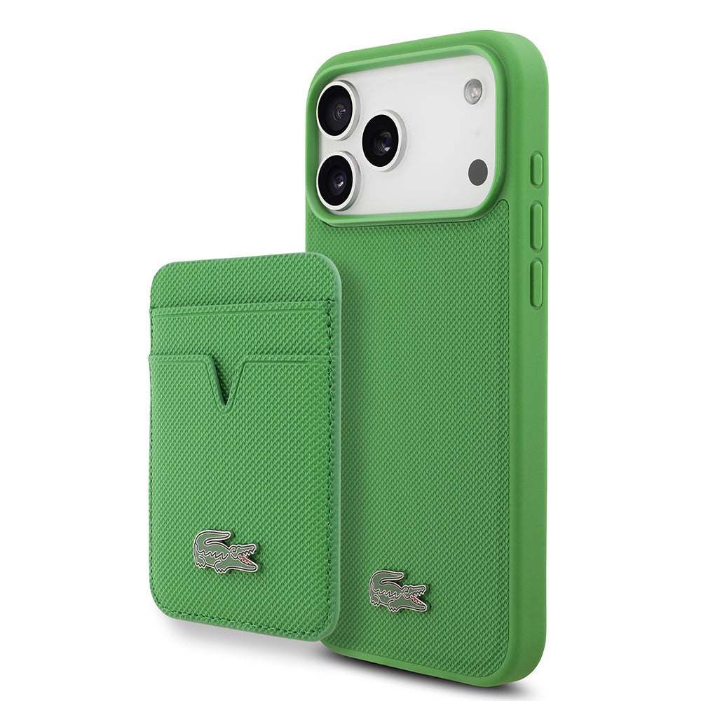 Apple iPhone 17 Pro Max Kılıf Lacoste Orjinal Lisanslı M-safe Şarj Özellikli PU Pike Desenli Metal Logolu Kartlıklı Kapak