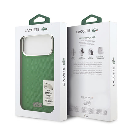 Apple iPhone 17 Pro Max Kılıf Lacoste Orjinal Lisanslı M-safe Şarj Özellikli PU Pike Desenli Standlı Metal Logolu Kapak