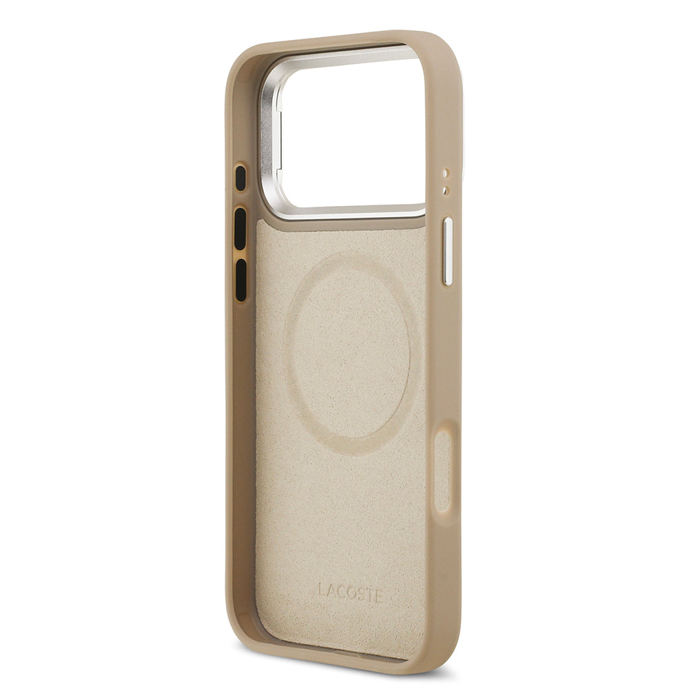 Apple iPhone 17 Pro Max Kılıf Lacoste Orjinal Lisanslı M-safe Şarj Özellikli PU Pike Desenli Standlı Metal Logolu Kapak
