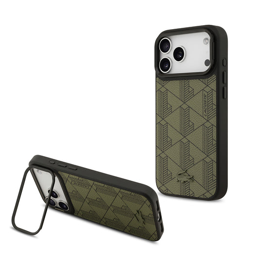 Apple iPhone 17 Pro Max Kılıf Lacoste Orjinal Lisanslı M-safe Şarj Özellikli Standlı PU Deri Karışık Monogram Desenli Kapak