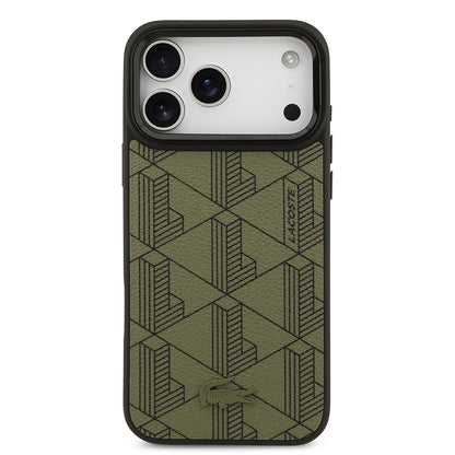 Apple iPhone 17 Pro Max Kılıf Lacoste Orjinal Lisanslı M-safe Şarj Özellikli Standlı PU Deri Karışık Monogram Desenli Kapak