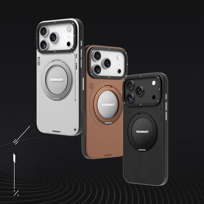 Apple iPhone 17 Pro Max Kılıf M-safe Şarj Özellikli 360 Derece Standlı Basit Mat Deri Desenli Youngkit Tech Leather Serisi Kapak