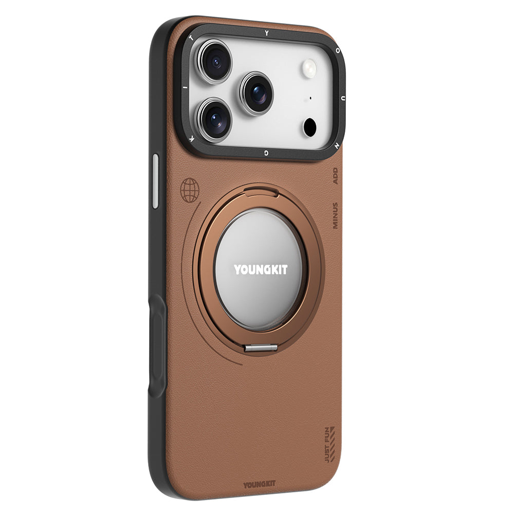Apple iPhone 17 Pro Max Kılıf M-safe Şarj Özellikli 360 Derece Standlı Basit Mat Deri Desenli Youngkit Tech Leather Serisi Kapak