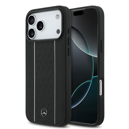 Apple iPhone 17 Pro Max Kılıf Mercedes Benz Orjinal Lisanslı M-safe Şarj Özellikli Şeritli Yıldız Desenli Metal Logolu Deri Kapak