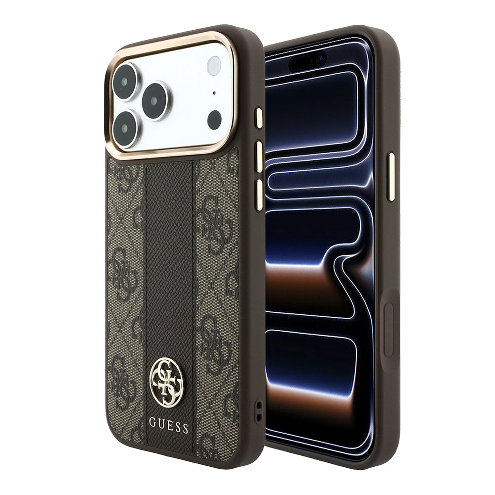Apple iPhone 18 Pro Kılıf Guess Orjinal Lisanslı M-safe Şarj Özellikli Deri 4G Desenli Şeritli Yazı Logolu Kapak