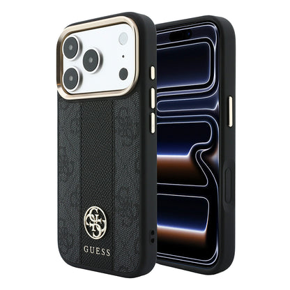 Apple iPhone 18 Pro Kılıf Guess Orjinal Lisanslı M-safe Şarj Özellikli Deri 4G Desenli Şeritli Yazı Logolu Kapak
