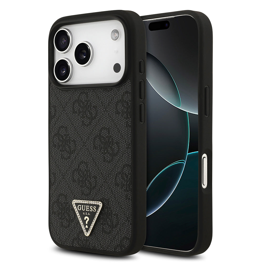 Apple iPhone 18 Pro Kılıf Guess Orjinal Lisanslı M-safe Şarj Özellikli PU Deri Taşlı Üçgen Logo 4G Desenli Strass Kapak