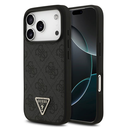 Apple iPhone 18 Pro Kılıf Guess Orjinal Lisanslı M-safe Şarj Özellikli PU Deri Taşlı Üçgen Logo 4G Desenli Strass Kapak