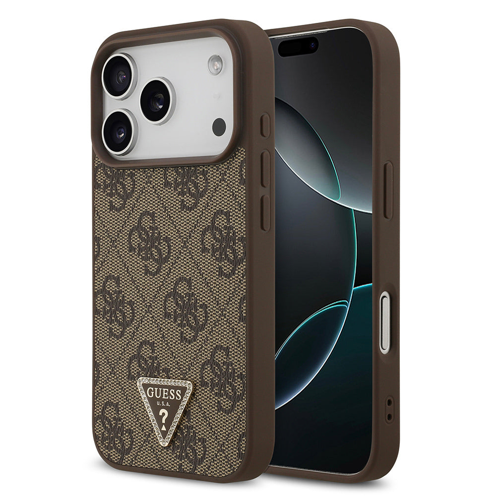 Apple iPhone 18 Pro Kılıf Guess Orjinal Lisanslı M-safe Şarj Özellikli PU Deri Taşlı Üçgen Logo 4G Desenli Strass Kapak