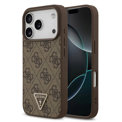 Apple iPhone 18 Pro Kılıf Guess Orjinal Lisanslı M-safe Şarj Özellikli PU Deri Taşlı Üçgen Logo 4G Desenli Strass Kapak