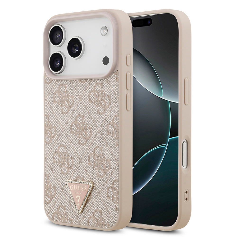 Apple iPhone 18 Pro Kılıf Guess Orjinal Lisanslı M-safe Şarj Özellikli PU Deri Taşlı Üçgen Logo 4G Desenli Strass Kapak