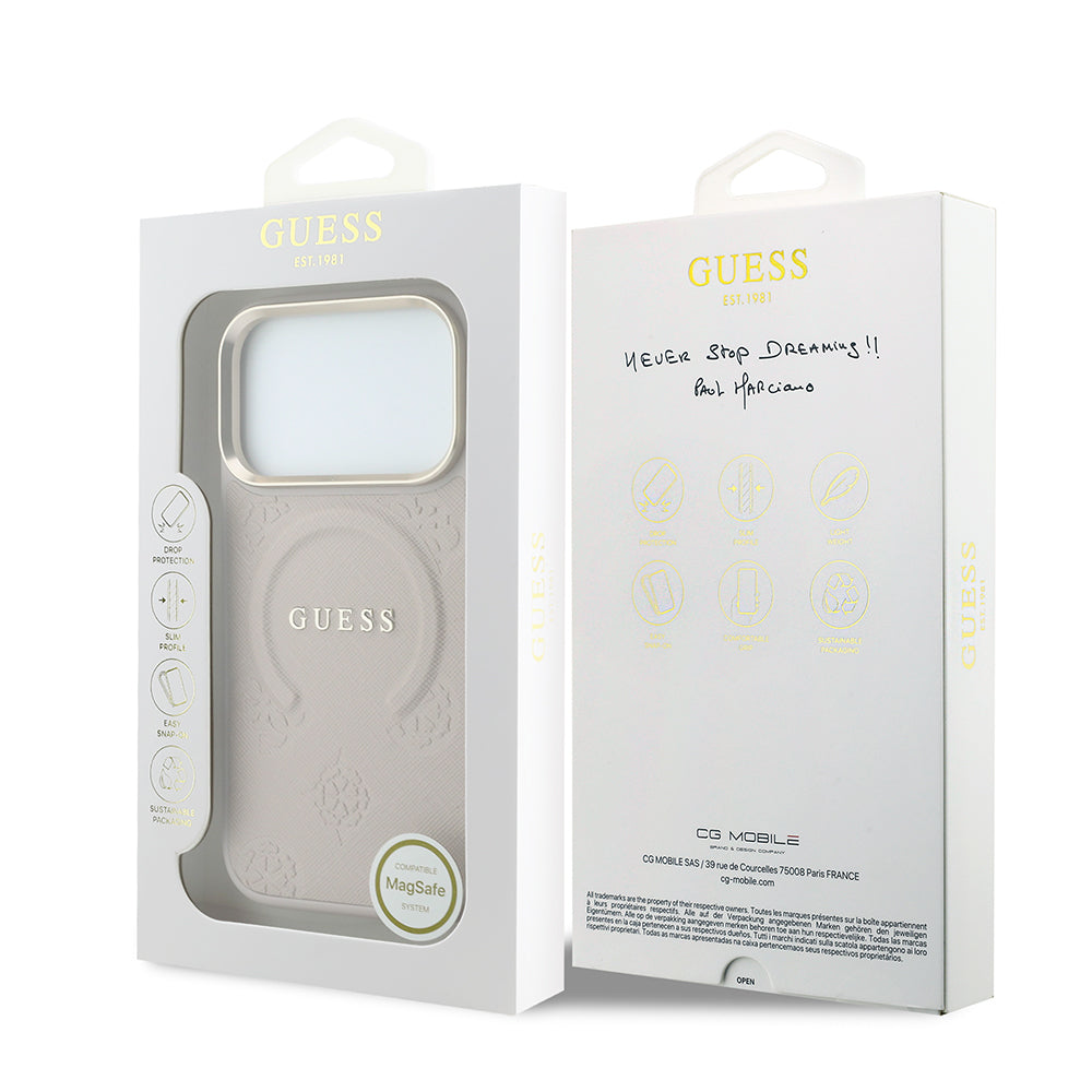 Apple iPhone 18 Pro Kılıf Guess Orjinal Lisanslı M-safe Şarj Özellikli Sıcak Baskılı Yazı Logolu C-Magnet PU Deri Peony Kapak
