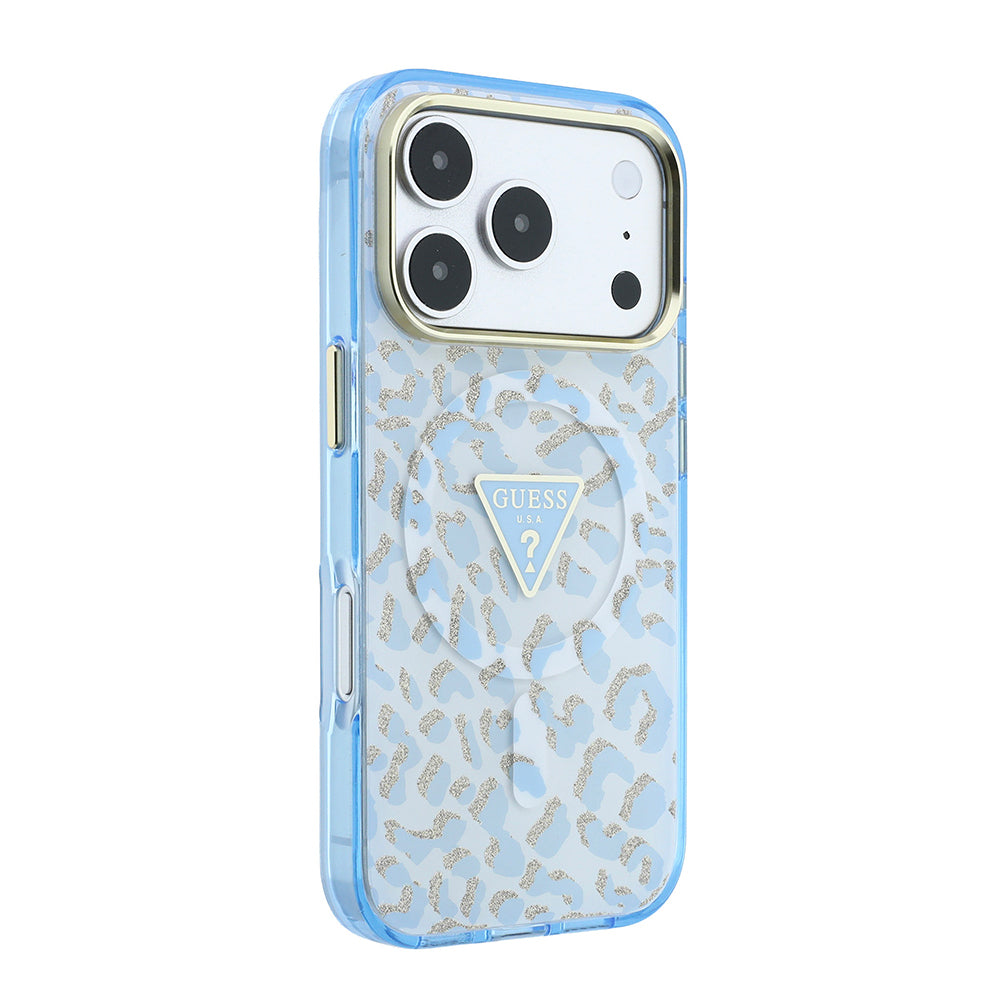 Apple iPhone 18 Pro Kılıf Guess Orjinal Lisanslı M-safe Şarj Özellikli Üçgen Logolu Simli Leopar Desenli Kapak