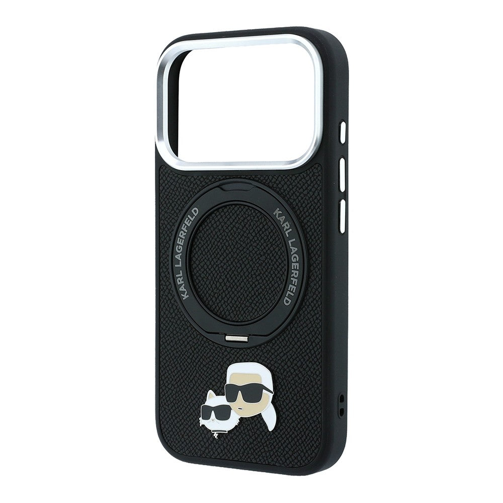 Apple iPhone 18 Pro Kılıf Karl Lagerfeld Orjinal Lisanslı M-Safe Şarj Özellikli K&C Heads Pin Metal Logolu PU 360 Derece Dönebilen Standlı Kapak