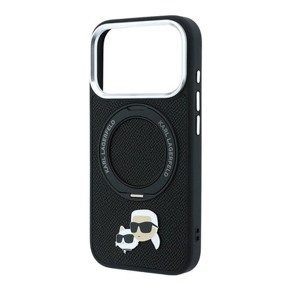 Apple iPhone 18 Pro Kılıf Karl Lagerfeld Orjinal Lisanslı M-Safe Şarj Özellikli K&C Heads Pin Metal Logolu PU 360 Derece Dönebilen Standlı Kapak