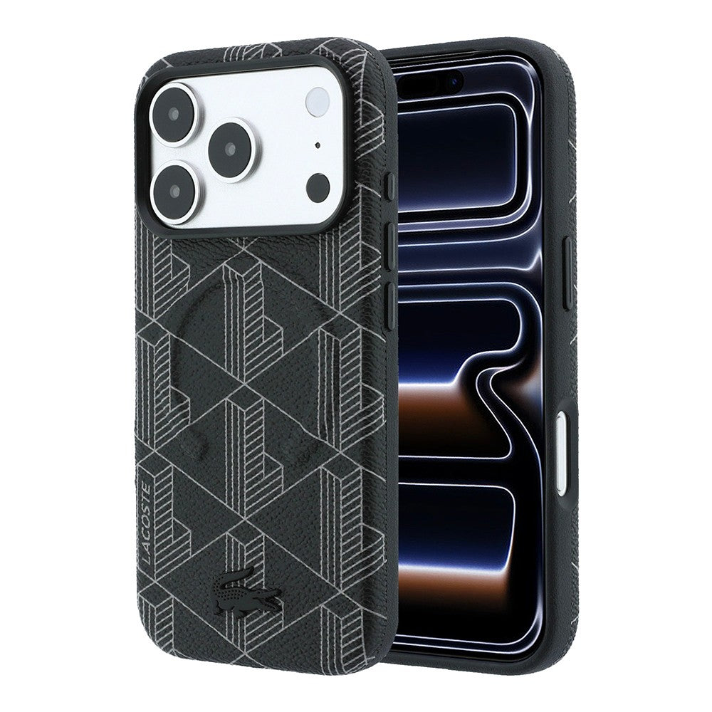 Apple iPhone 18 Pro Kılıf Lacoste Orjinal Lisanslı M-safe Şarj Özellikli Metal Logolu Deri Karışık Monogram Desenli Kapak