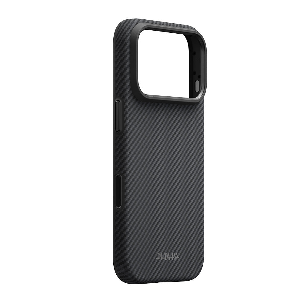 Apple iPhone 18 Pro Kılıf M-safe Şarj Özellikli Aramid Karbon Fiber Pitaka Military-Grade Classic Serisi New Logo Black-Grey Twill Kapak