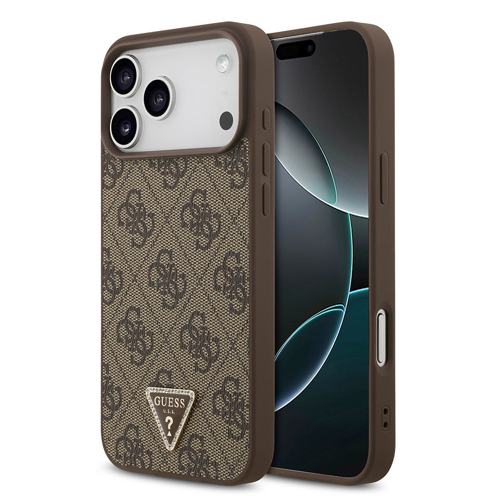 Apple iPhone 18 Pro Max Kılıf Guess Orjinal Lisanslı M-safe Şarj Özellikli PU Deri Taşlı Üçgen Logo 4G Desenli Strass Kapak