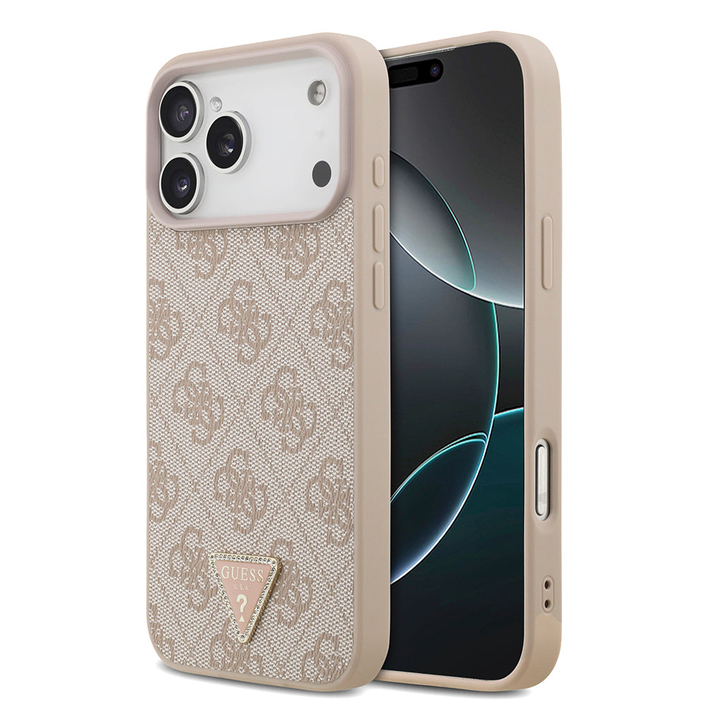 Apple iPhone 18 Pro Max Kılıf Guess Orjinal Lisanslı M-safe Şarj Özellikli PU Deri Taşlı Üçgen Logo 4G Desenli Strass Kapak