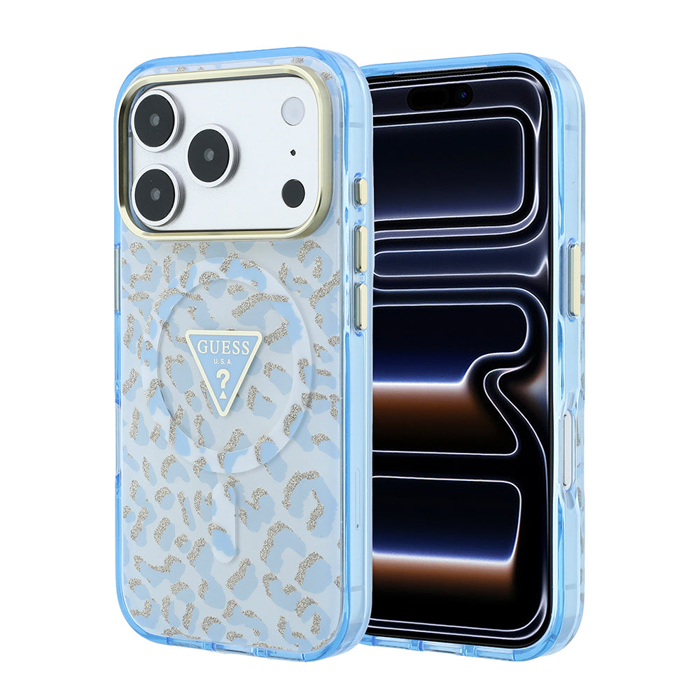 Apple iPhone 18 Pro Max Kılıf Guess Orjinal Lisanslı M-safe Şarj Özellikli Üçgen Logolu Simli Leopar Desenli Kapak