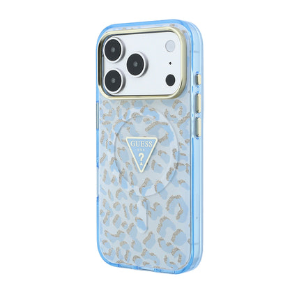 Apple iPhone 18 Pro Max Kılıf Guess Orjinal Lisanslı M-safe Şarj Özellikli Üçgen Logolu Simli Leopar Desenli Kapak