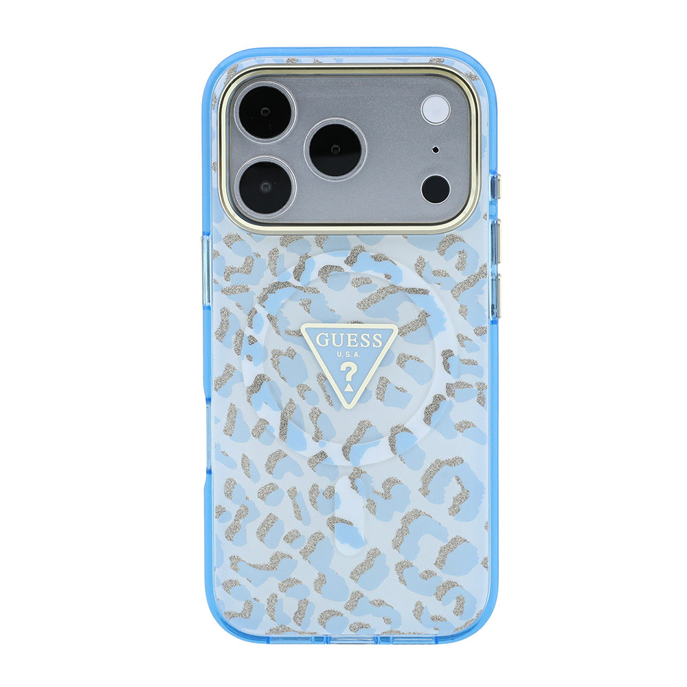 Apple iPhone 18 Pro Max Kılıf Guess Orjinal Lisanslı M-safe Şarj Özellikli Üçgen Logolu Simli Leopar Desenli Kapak