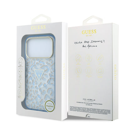 Apple iPhone 18 Pro Max Kılıf Guess Orjinal Lisanslı M-safe Şarj Özellikli Üçgen Logolu Simli Leopar Desenli Kapak