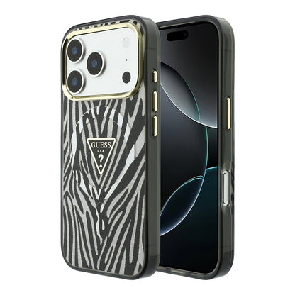 Apple iPhone 18 Pro Max Kılıf Guess Orjinal Lisanslı M-safe Şarj Özellikli Üçgen Logolu Zebra Desenli Silikon Kapak