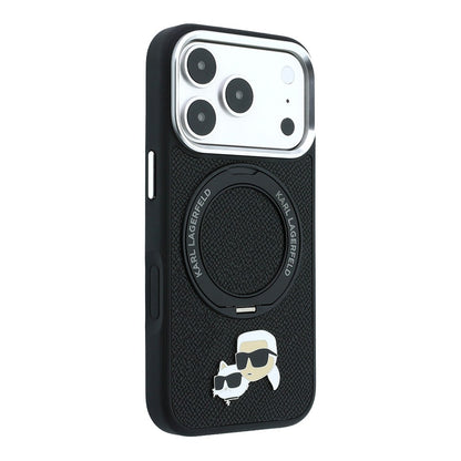 Apple iPhone 18 Pro Max Kılıf Karl Lagerfeld Orjinal Lisanslı M-Safe Şarj Özellikli K&C Heads Pin Metal Logolu PU 360 Derece Dönebilen Standlı Kapak