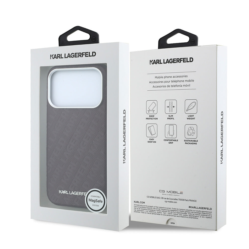Apple iPhone 18 Pro Max Kılıf Karl Lagerfeld Orjinal Lisanslı PU Deri Damgalı Metal Yazı Logolu Grained Kapak