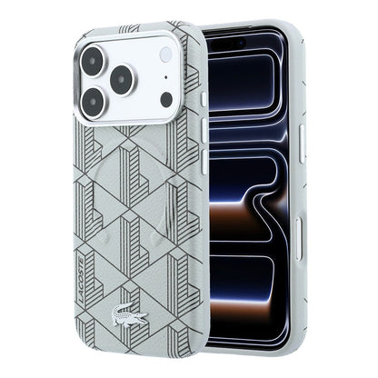 Apple iPhone 18 Pro Max Kılıf Lacoste Orjinal Lisanslı M-safe Şarj Özellikli Metal Logolu Deri Karışık Monogram Desenli Kapak