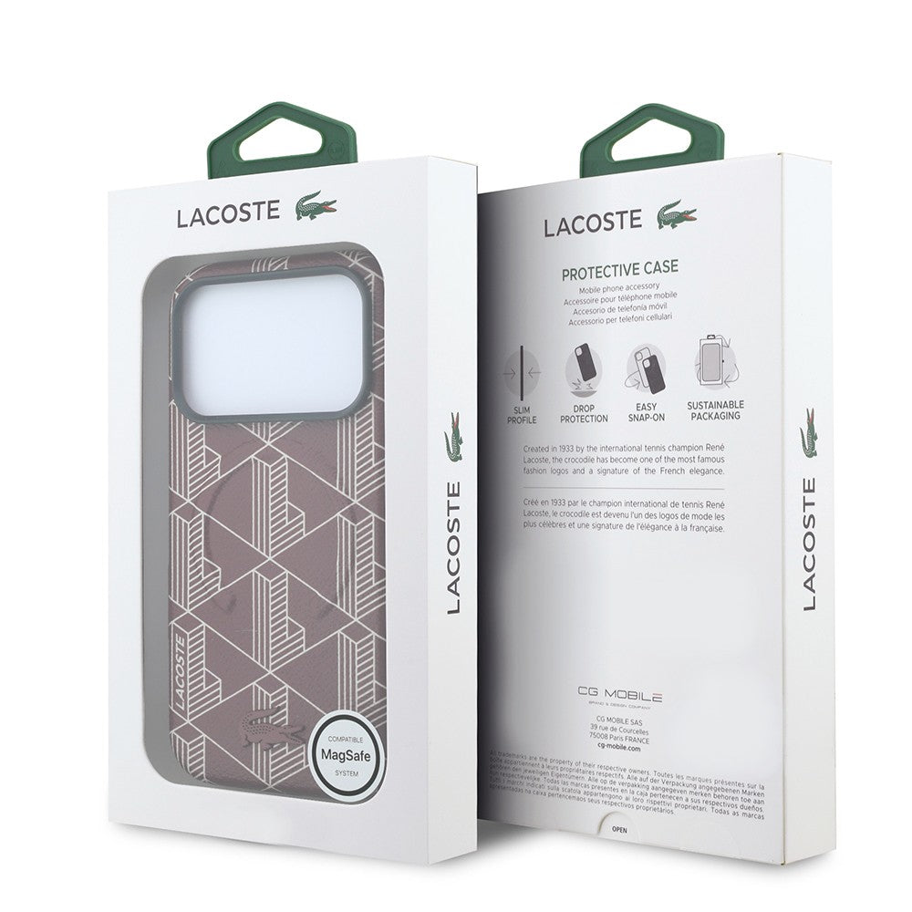 Apple iPhone 18 Pro Max Kılıf Lacoste Orjinal Lisanslı M-safe Şarj Özellikli Metal Logolu Deri Karışık Monogram Desenli Kapak