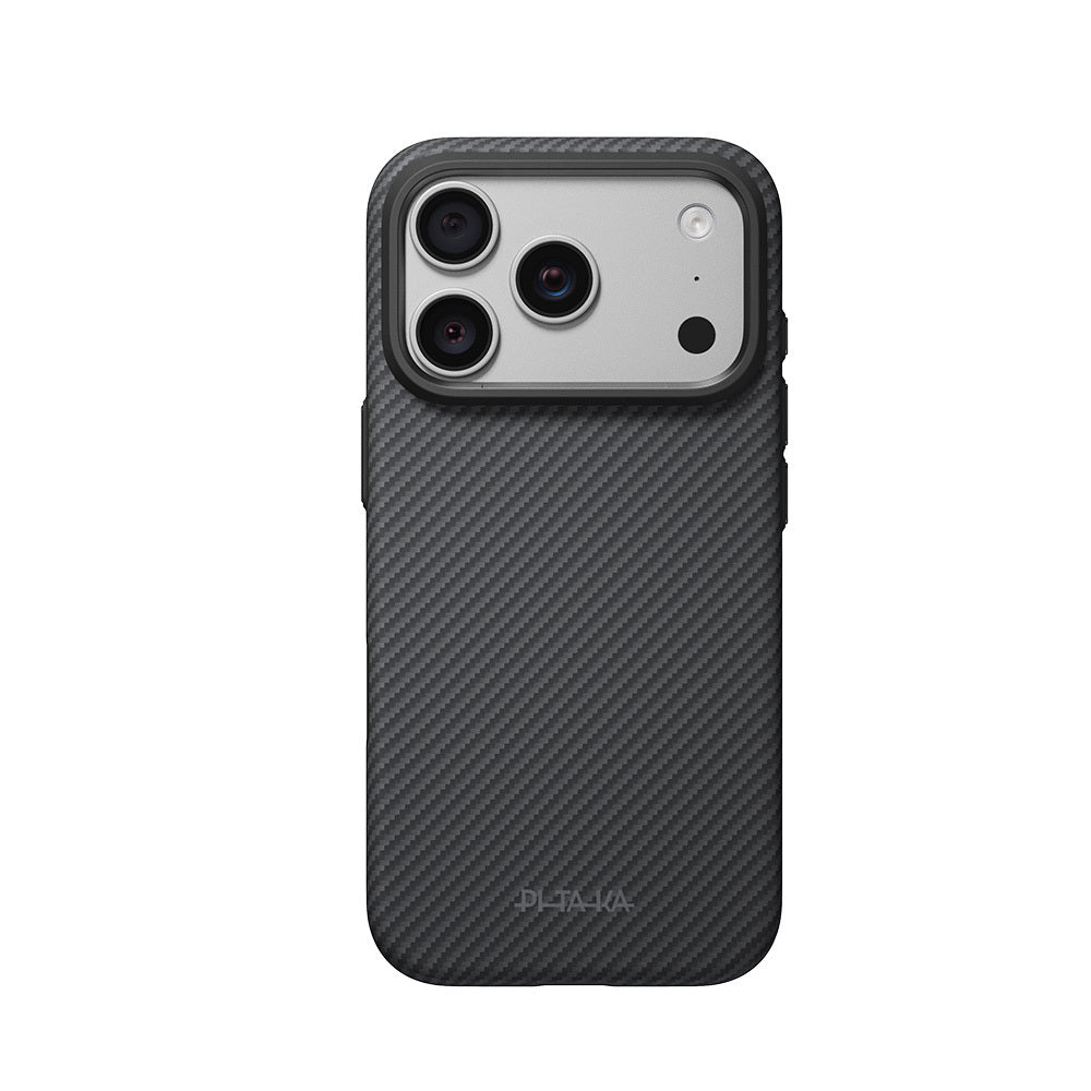 Apple iPhone 18 Pro Max Kılıf M-safe Şarj Özellikli Aramid Karbon Fiber Pitaka Military-Grade Classic Serisi New Logo Black-Grey Twill Kapak