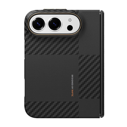 Apple iPhone Duo (Fold) Kılıf M-safe Şarj Özellikli Metal Kamera Çerçeveli Raptic Aramid SkinPro Mondrian Serisi Karbon Kapak