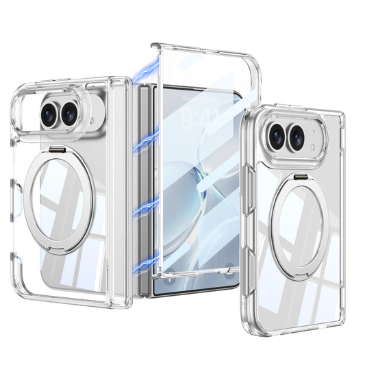Apple iPhone Duo Kılıf M-safe Şarj Özellikli Zore Kıpta KPT-09 Ring Standlı Şeffaf Sert PC Kapak