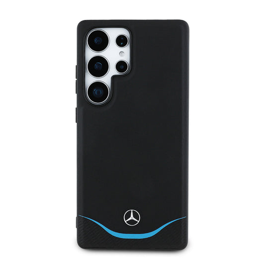 Galaxy S25 Ultra Kılıf Mercedes Benz Orjinal Lisanslı M-safe Şarj Özellikli 3D Metal Logolu Mavi Yatay Eğri Çizgili Deri Kapak