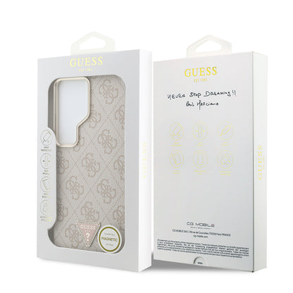 Galaxy S26 Ultra Kılıf Guess Orjinal Lisanslı M-safe Şarj Özellikli Gold Metal Kamera Çerçeveli Taşlı Üçgen Logo 4G Desenli Kapak