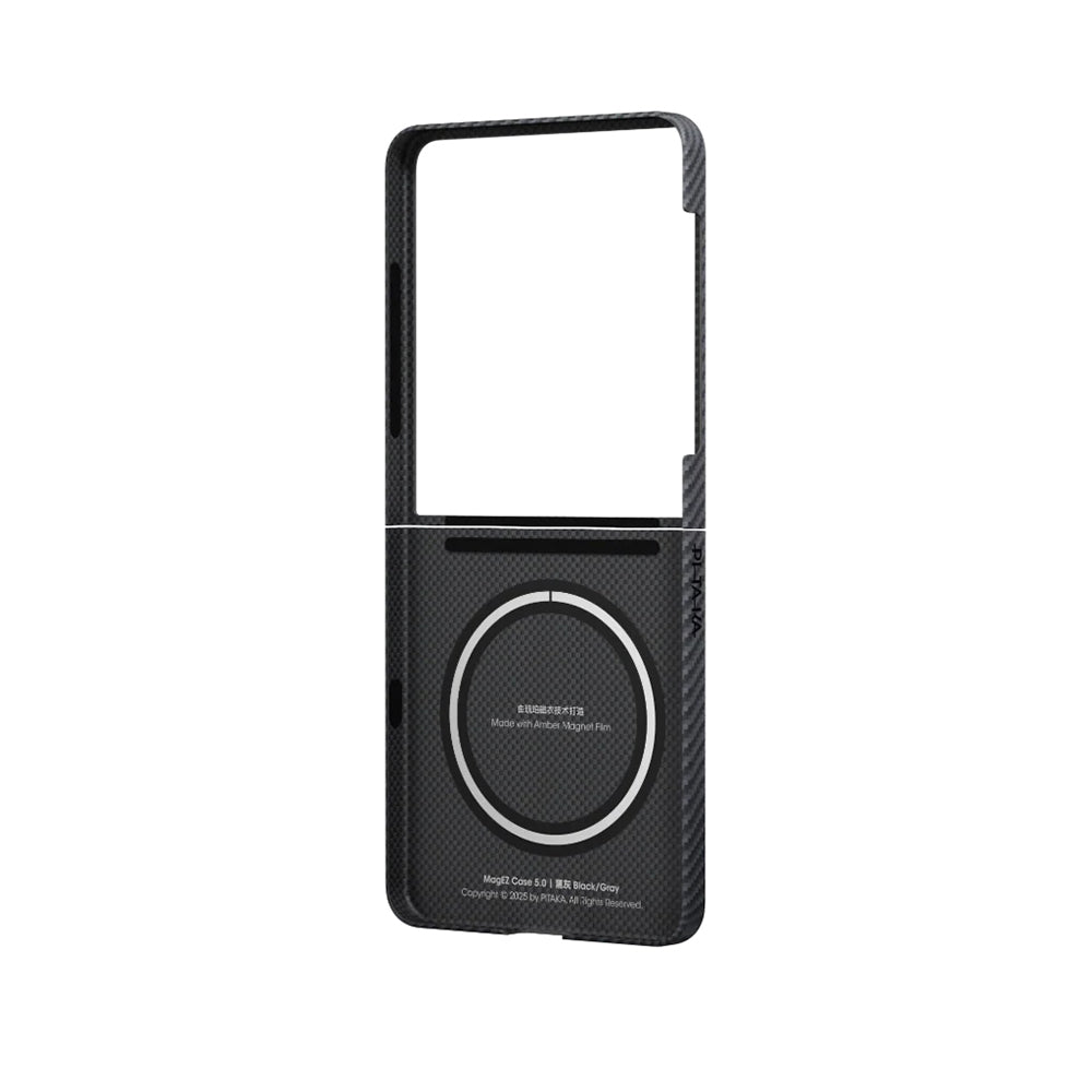 Galaxy Z Flip 7 Kılıf M-safe Şarj Özellikli 600D Aramid Fiber Pitaka Ultra-Slim Classic Serisi Black-Grey Twill Kapak