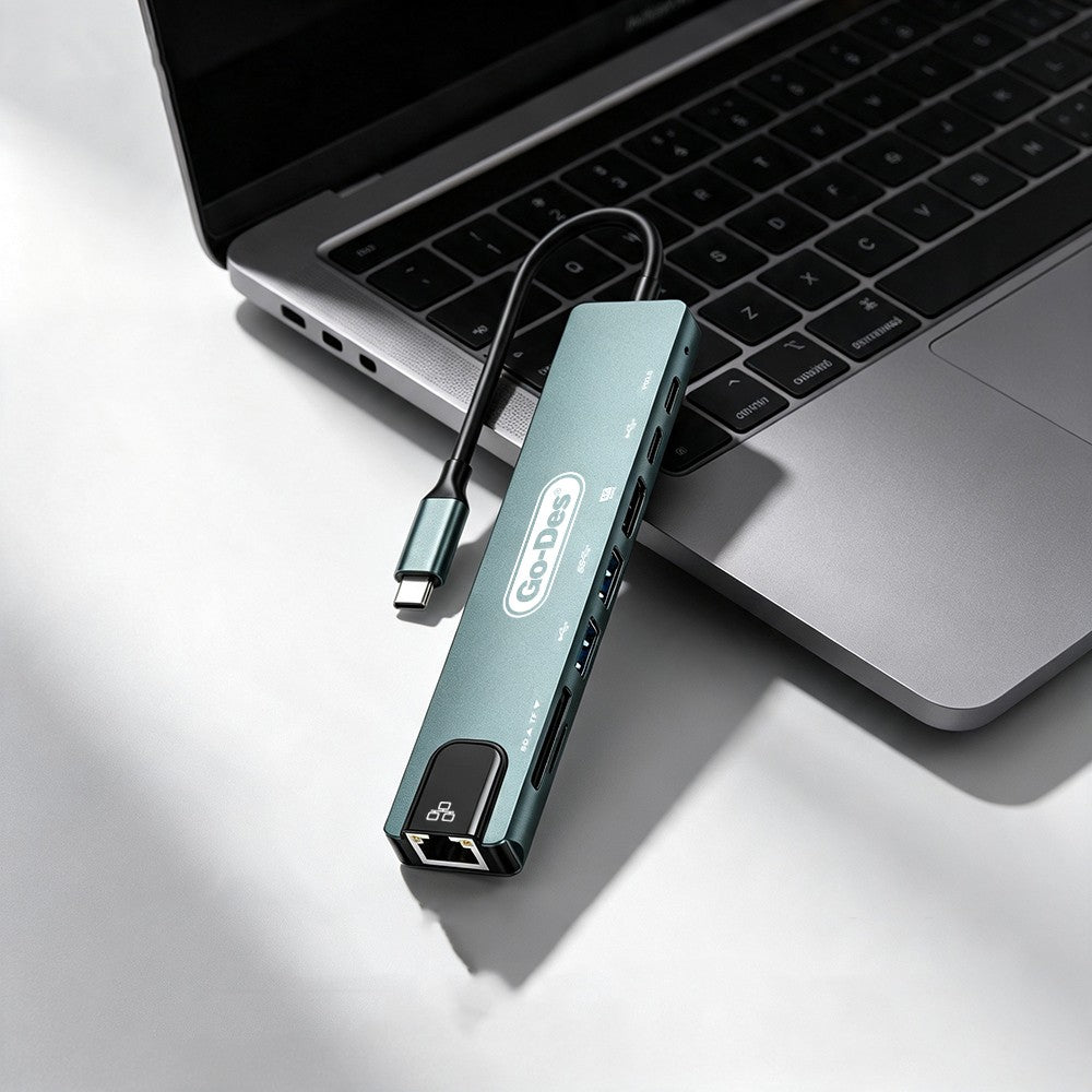 Go Des GD-9230 Type-C Bağlantılı 8in1 USB3.0 + PD + Hdmi 4K Ultra HD + RJ45 + SD/TF Bağlantılı Hub Adaptör