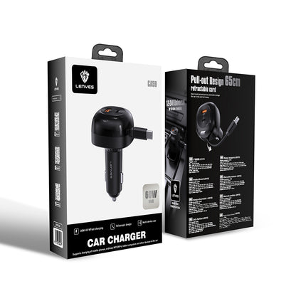 Lenyes CA59 Type-C Kablolu Hızlı Şarj Özellikli Type-C + USB-A Portlu Araç Şarj Aleti PD 60W