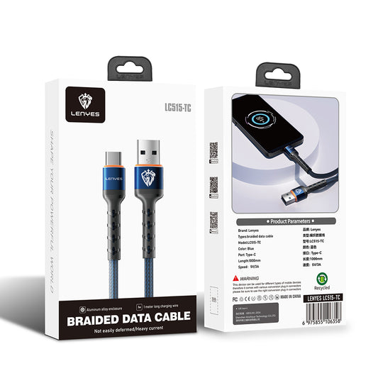 Lenyes LC515 USB-A to Type-C Hızlı Şarj Özellikli Örgülü Data ve Şarj Kablosu 3A 1M