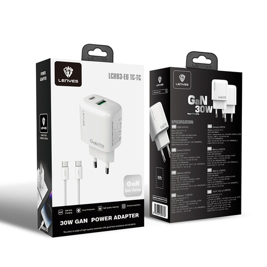Lenyes LCH93-TC-TC Type-C to Type-C GaN Teknolojili PD ve USB Hızlı Şarj Özellikli Şarj Seti 30W