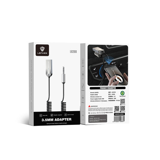 Lenyes LR208 Spiral Kablo Tasarımlı Dahili Mikrofonlu Kablosuz Ses Alıcı AUX Bluetooth v5.3 Adaptör