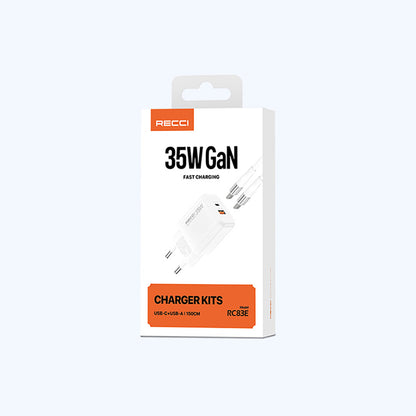 Recci RC83ECC GaN Teknolojili Hızlı Şarj Başlığı USB-A to Type-C PD 35W Kablolu Şarj Seti