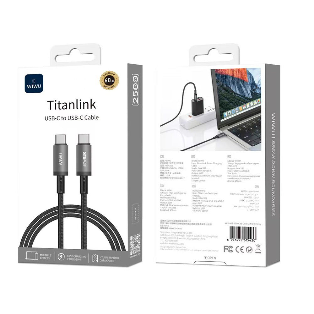 Wiwu Wi-C061 Titanlink Serisi Type-C to Type-C Hızlı Şarj Özellikli PD Data ve Şarj Kablosu 60W 2.5M