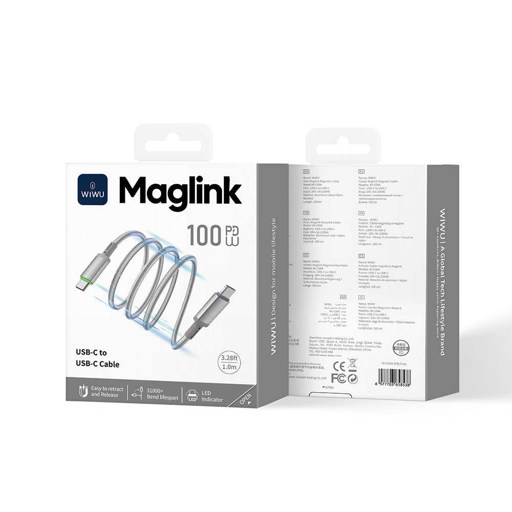 Wiwu Wi-C084 Maglink Serisi LED Göstergeli Type-C to Type-C Hızlı Şarj Özellikli Data ve Şarj Kablosu 100W 1M